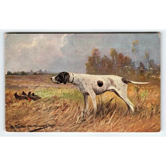 Vintage 1910 Signed Muller Artist Postcard Pointer Dog Hunting Scene - Picture 1 of 2